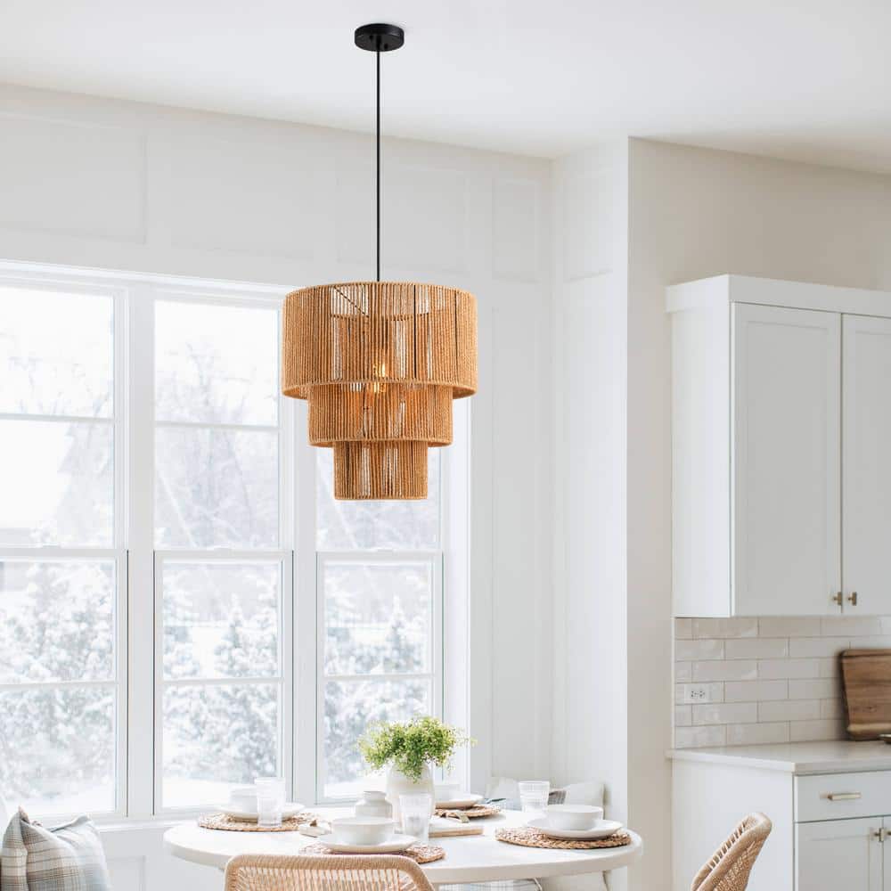 Three-Tiered Natural Jute Rope Drum Chandelier