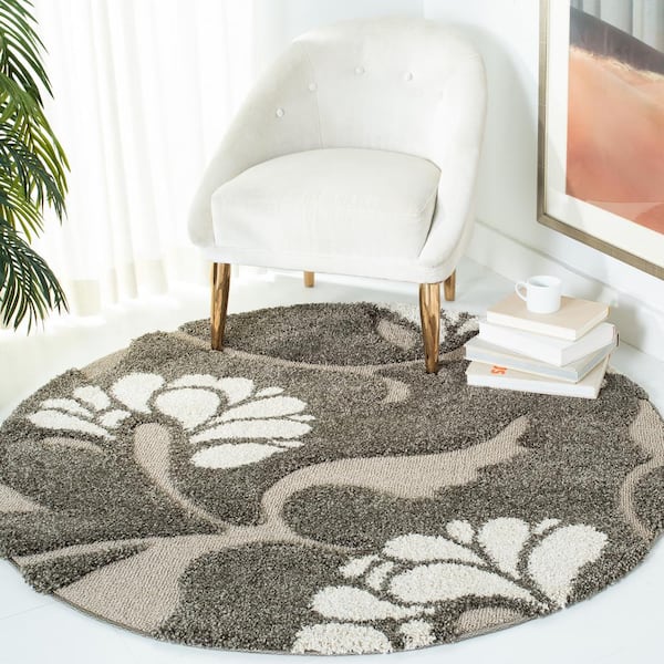 Florida Shag Smoke/Beige 4 ft. x 4 ft. Round Floral Solid Area Rug