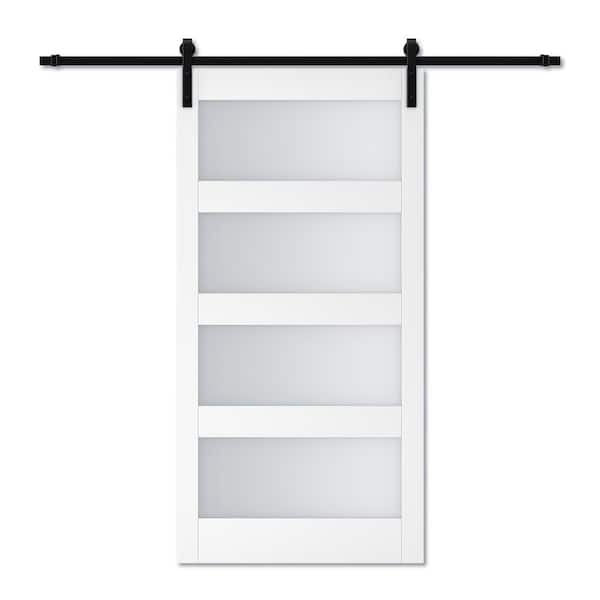 ARK DESIGN 42 in. x 84 in. 4-Lite Tempered Frosted Glass White Prefinished MDF Sliding Barn Door with Hardware Kit and Soft Close