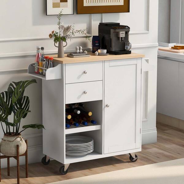 White Wood 41.3 in. W Kitchen Cart with Spice Rack Towel Rack and