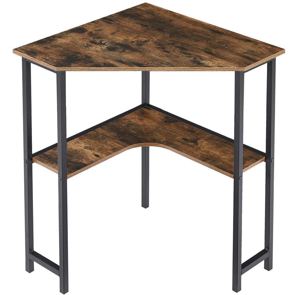 VECELO Corner Computer Desk 23.4 in. Triangular Brown Wood Desk with Storage Shelves for Small
