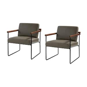 Juan Grey Modern Leather Arm Chair with Metal Base and Solid Wood Arm and Back Set of 2