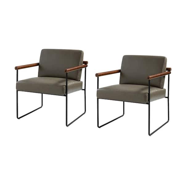 JAYDEN CREATION Juan Grey Modern Leather Arm Chair with Metal Base and Solid Wood Arm and Back Set of 2