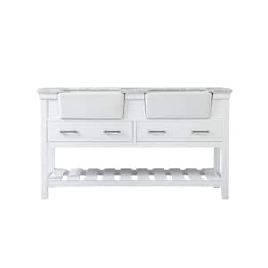 Timeless Home 60 in. W x 22 in. D x 34.13 in. H Double Bathroom Vanity Side Cabinet in White with White Marble Top