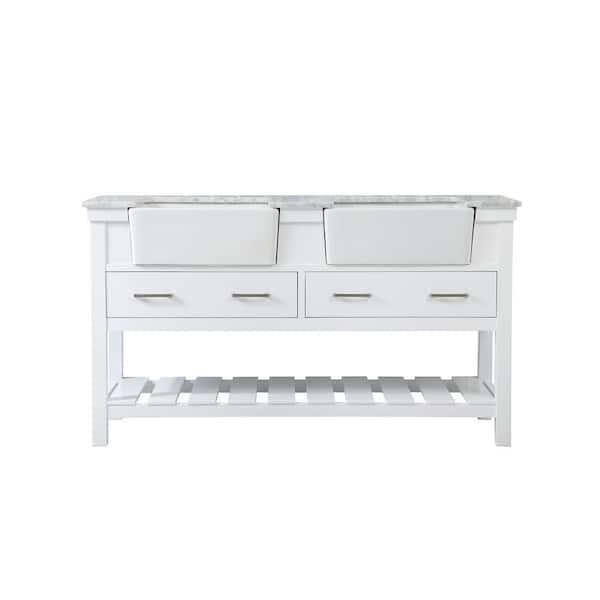 Unbranded Timeless Home 60 in. W x 22 in. D x 34.13 in. H Double Bathroom Vanity Side Cabinet in White with White Marble Top