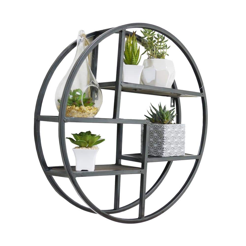 Admired by Nature ABN5E094S BLK Round Wall Mounted Iron Hanging Storage Floating Shelves Black