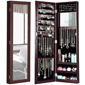 Rectangular Brown Wood Mirrored Jewelry Cabinet Armoire Storage Organizer