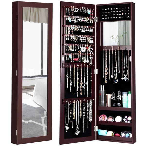Wall Mount Mirrored Hanging Jewelry Necklace Cabinet Armoire Storage Organizer 