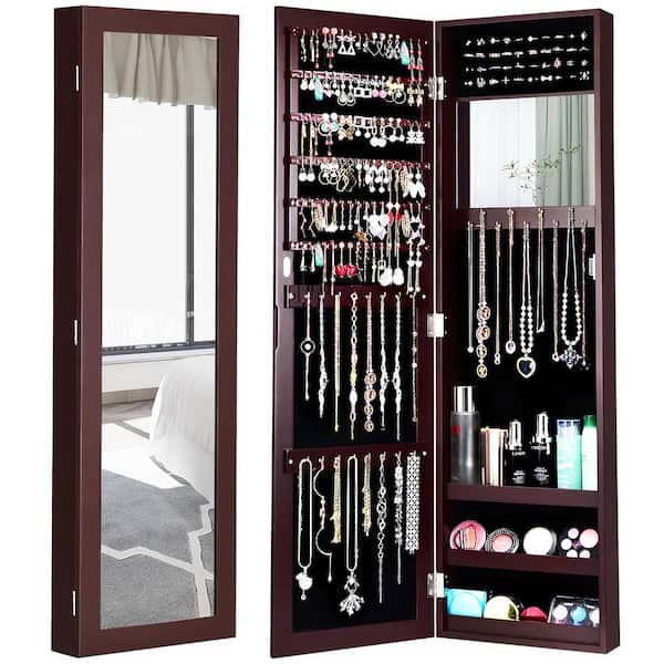 Costway Rectangular Brown Wood Mirrored Jewelry Cabinet Armoire Storage Organizer