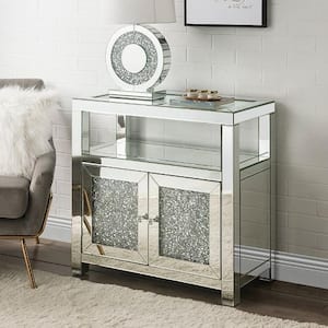Noralie Clear Glass Mirrored and Faux Diamonds Accent Storage with Doors