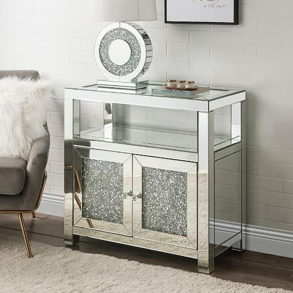 Acme Furniture Noralie Clear Glass Mirrored and Faux Diamonds Accent Storage with Doors