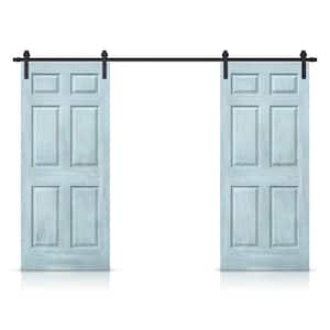 30 in. x 80 in. Vintage Demin Blue Stain Composite MDF 6-Panel Interior Double Sliding Barn Door with Hardware Kit