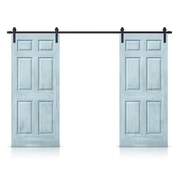 CALHOME 30 in. x 80 in. Vintage Demin Blue Stain Composite MDF 6-Panel Interior Double Sliding Barn Door with Hardware Kit