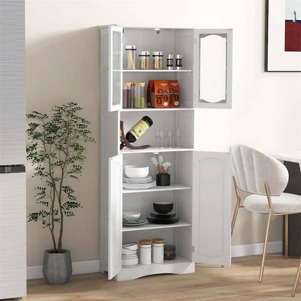 Costway White 64.5 in. Tall Bathroom Cabinet with Tempered Glass Doors and Adjustable Shelves
