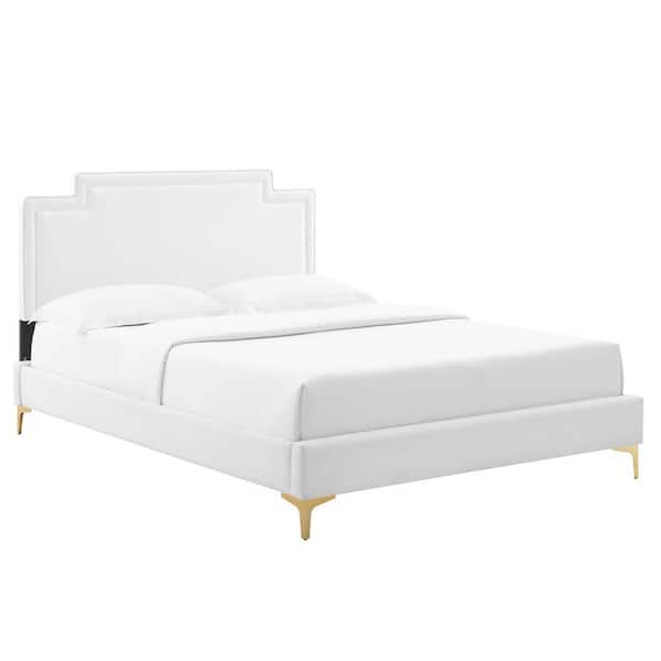 MODWAY Liva White Performance Velvet Frame Twin Platform Bed with Wood Slat Support System