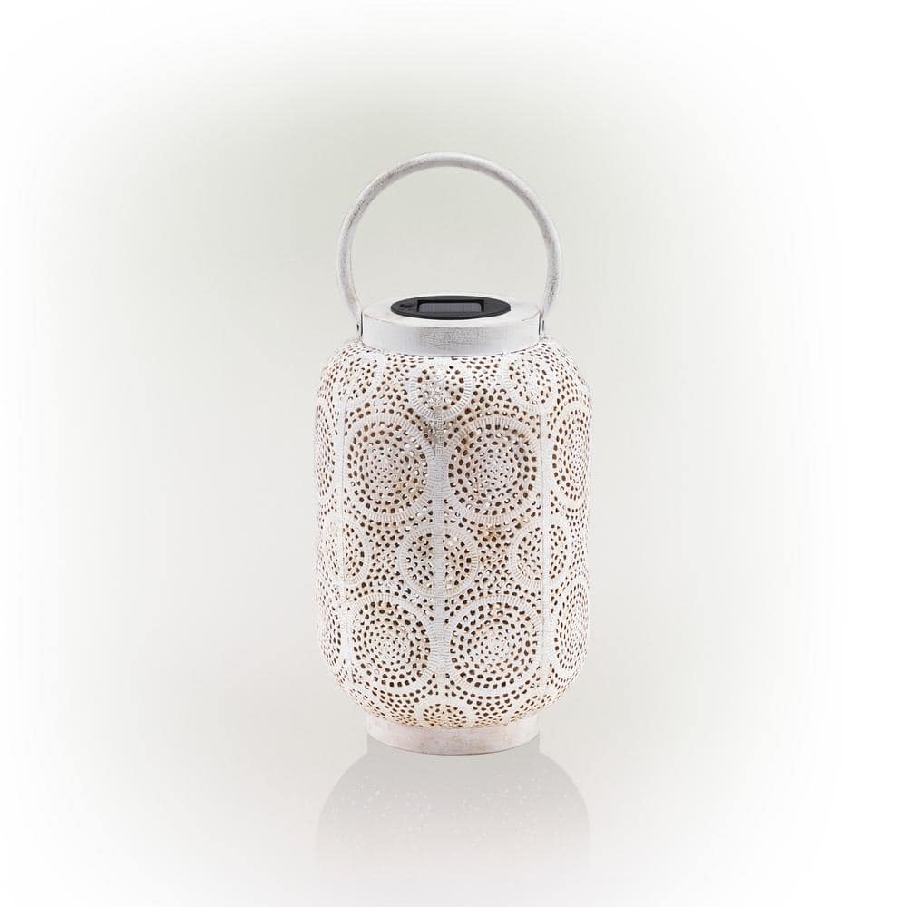 12 in. H Antique White Outdoor Solar-Powered Hollow Metal Lantern with Rota