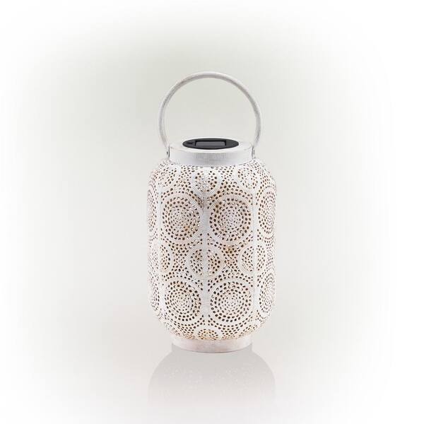 Alpine Corporation 12 in. H Antique White Outdoor Solar-Powered Hollow Metal Lantern with Rotating Multi-Color LED Lights