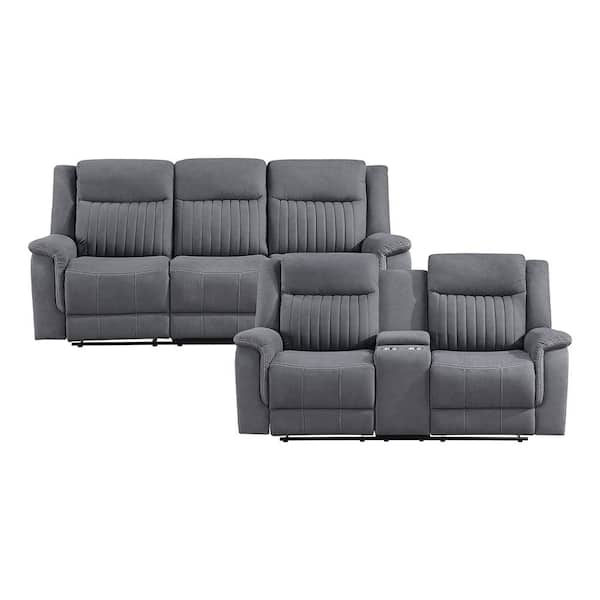 Gabi 86 in. W. Pillow Top Arm Microfiber Rectangle 2-Piece Manual Reclining Sofa Set in. Gray