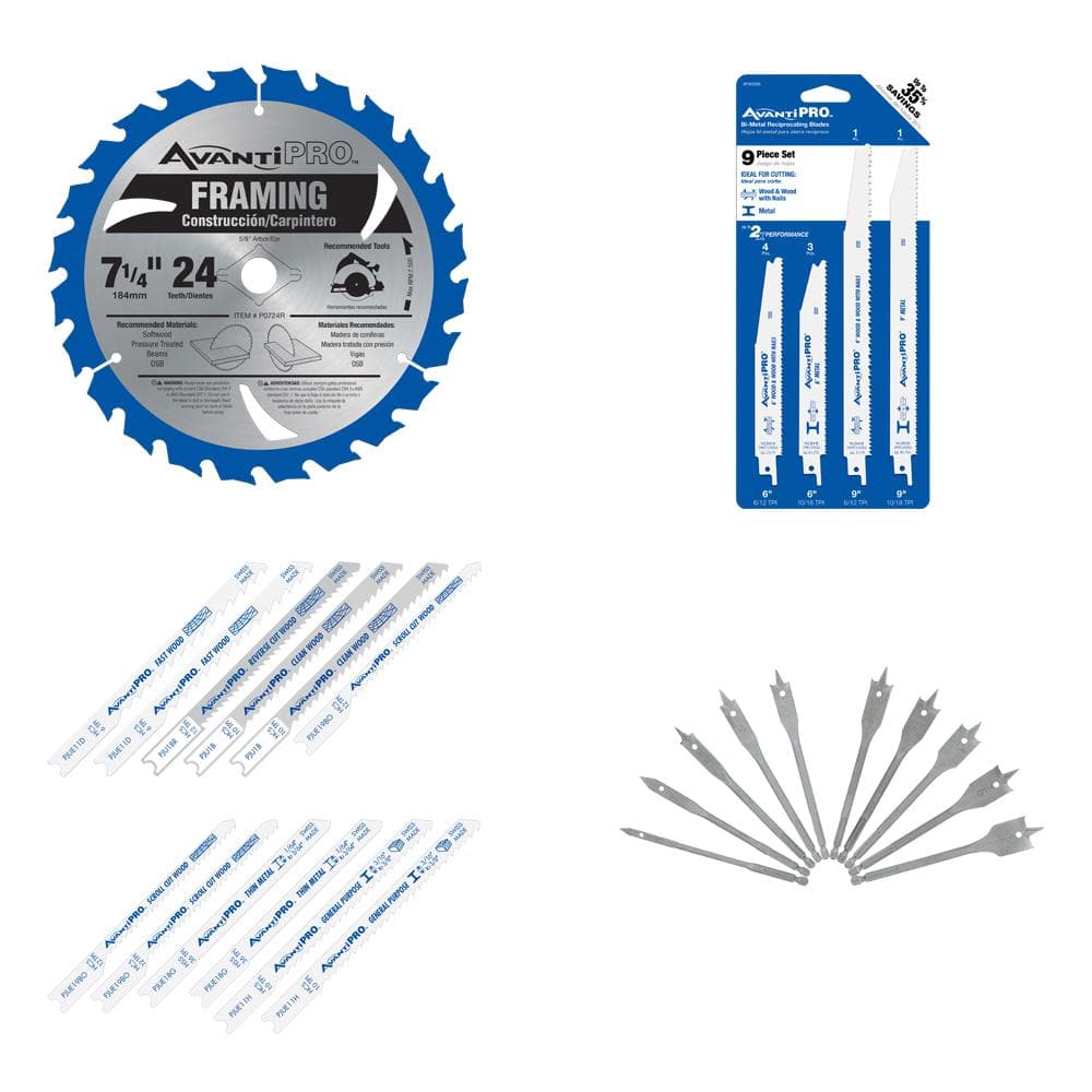 Avanti Pro 7-1/4 in. x 24 Saw Blade, 9-Pieces Wood and Metal Recip Blades, 10-Pieces Spade Bit Set and 12-Pieces Jigsaw Set