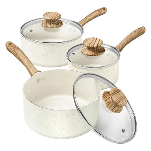1 qt. 2 qt. & 3 qt. Aluminum Nonstick Sauce Pan Set in White w/ Lid Non-Toxic Triple Layer Coating Induction Set 3-Pack