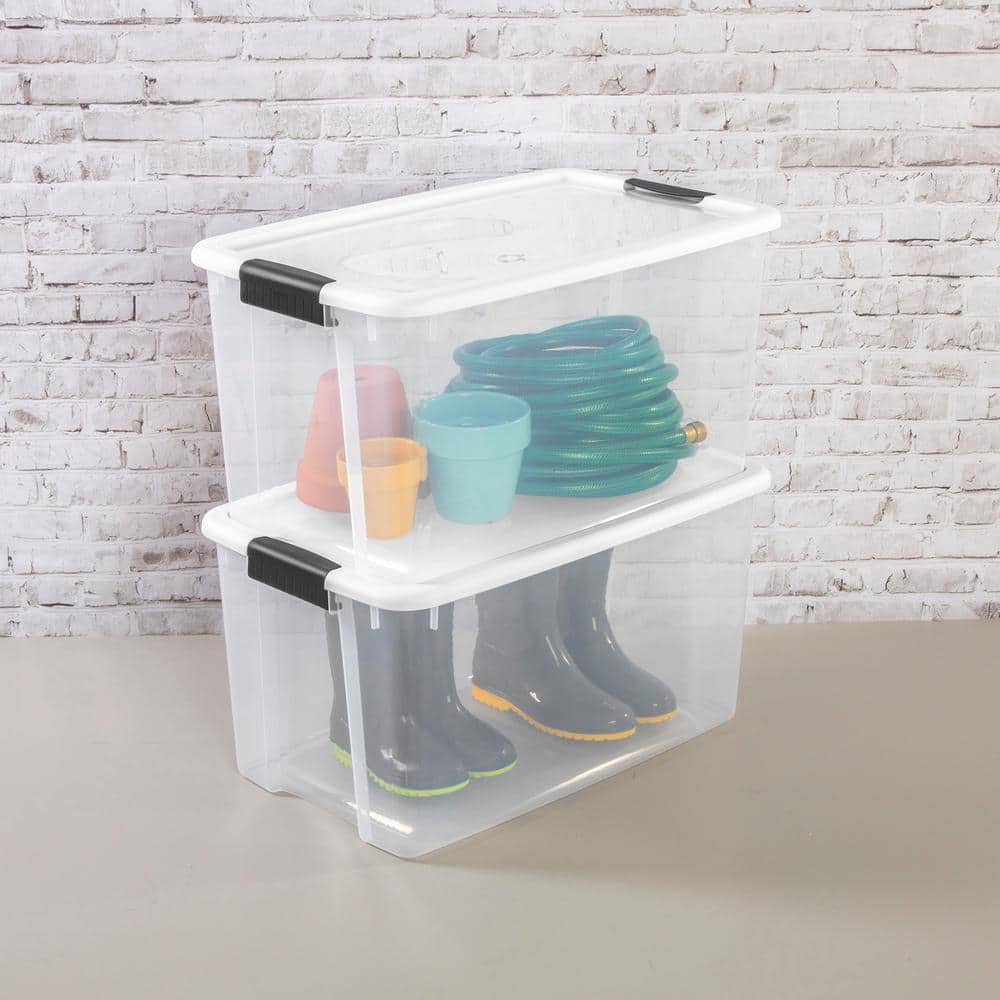 Clear 70 Quart Stackable Plastic Storage Bin with White Lid