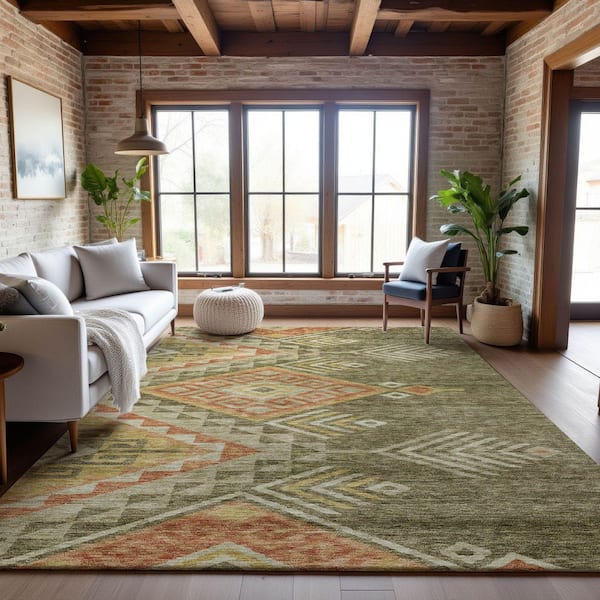 Mayfield Premium Machine Washable Abstract AMF1091 Green 10 ft. x 14 ft. Area Rug