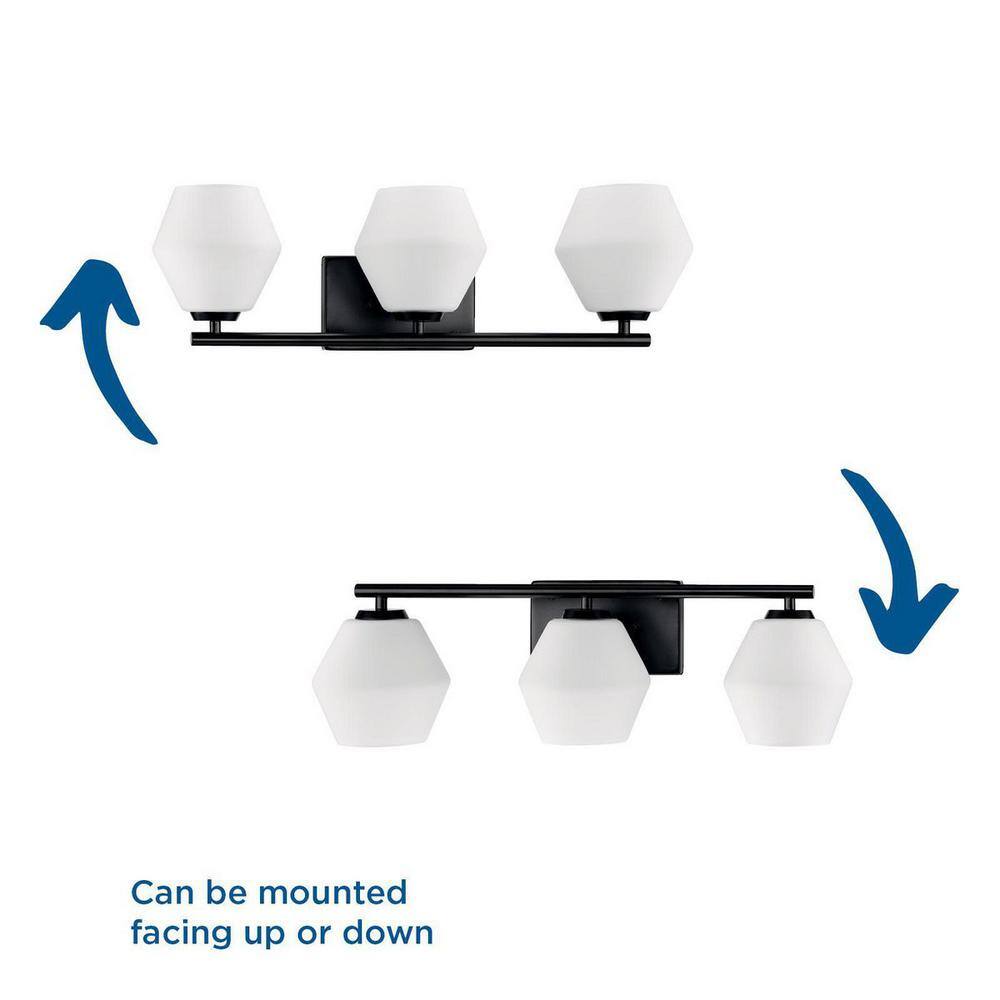 Matte Black Three-Light Geometric Vanity Light with Opal Glass Shades