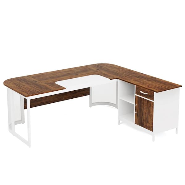 BYBLIGHT Lanita 62.9 in. L-Shaped Brown and White Wood 1-Drawer L Shaped Computer Desk with Cabinet