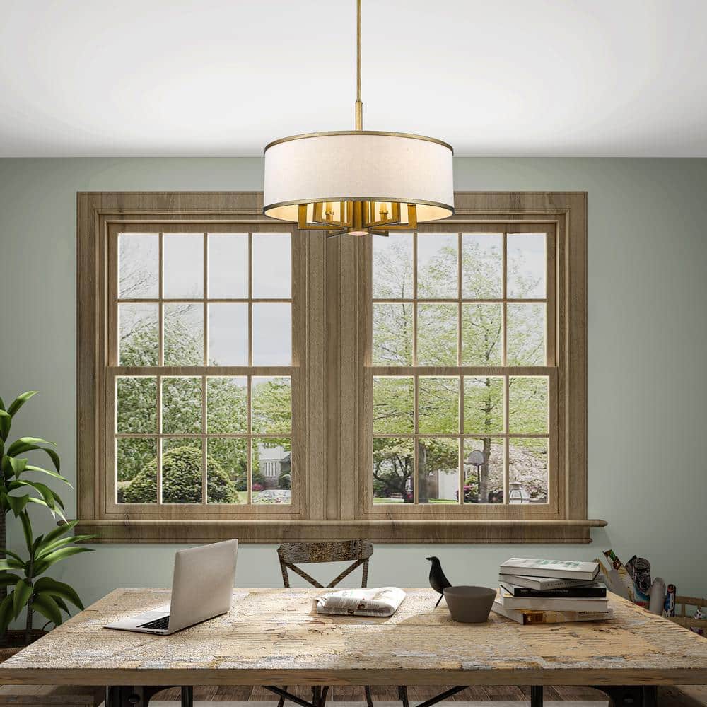 Antique Gold Leaf 6-Light Drum Chandelier with Linen Shade