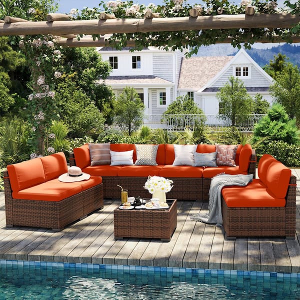 ELPOSUN 9-Piece Wicker Patio Conversation Set with Orange Cushions