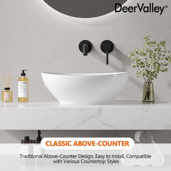 16 in. L x 13 in. W Oval Bathroom Vessel Sink White Ceramic Art Basin with Black Rim Faucet Not Included