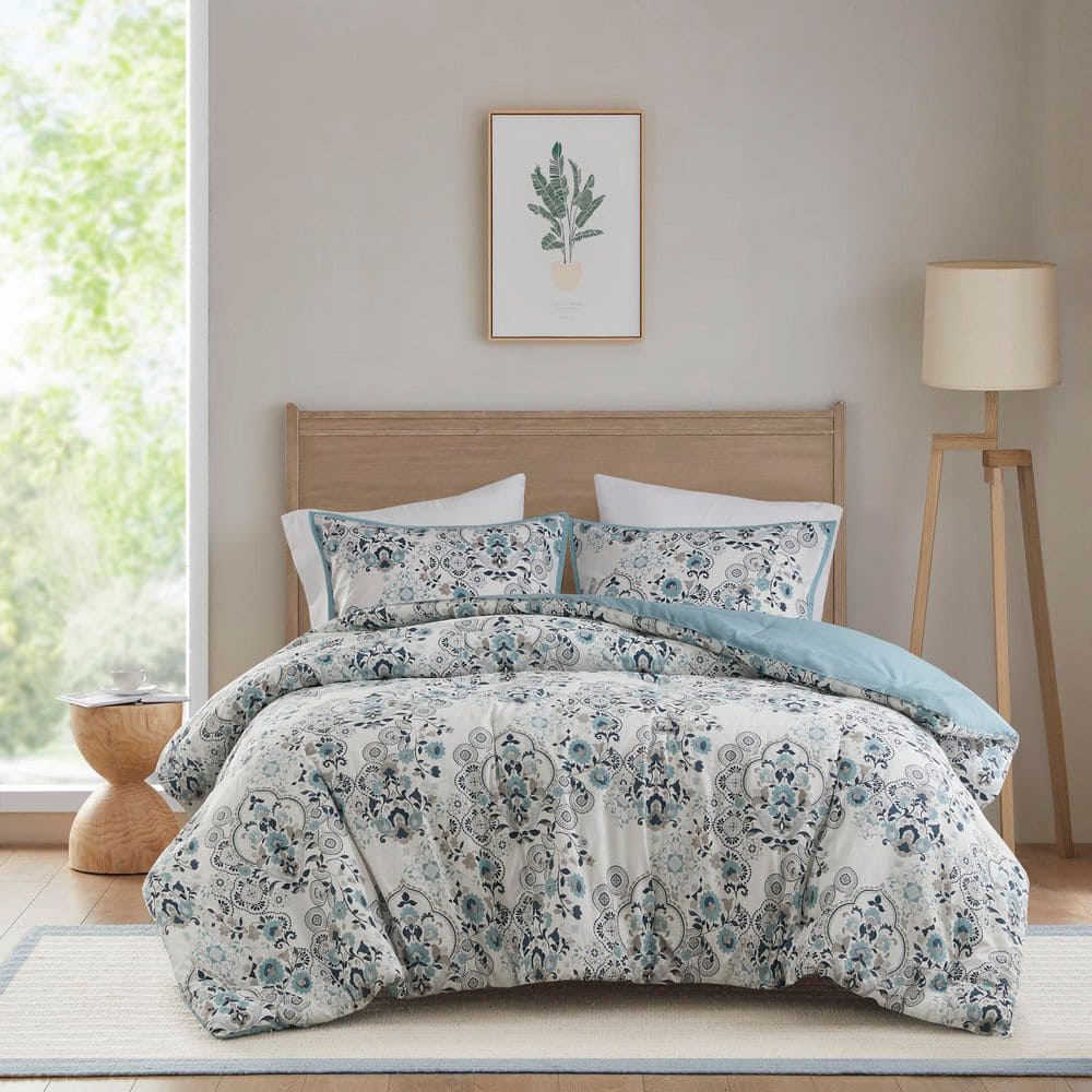 Blue Floral Cotton Down Alternative Comforter Set, Full