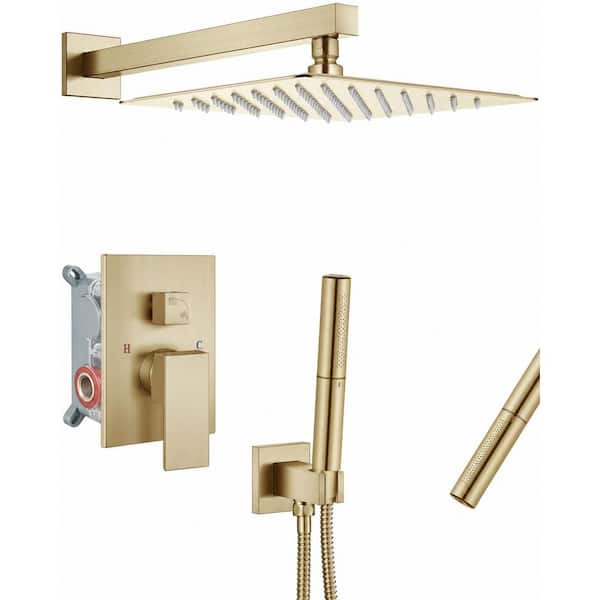 Brushed Gold 12 in. Rainfall Shower Head Faucet System with Handheld Spray and Rough-In Valve Trim Kit