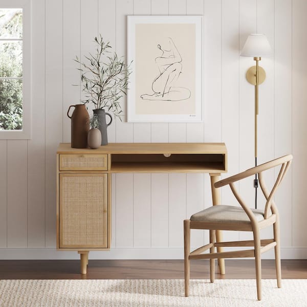 Nathan James Aaron Modern Desk with Storage, Natural Rattan Table with Square Webbing and Gold Accent Knobs, Natural Brown