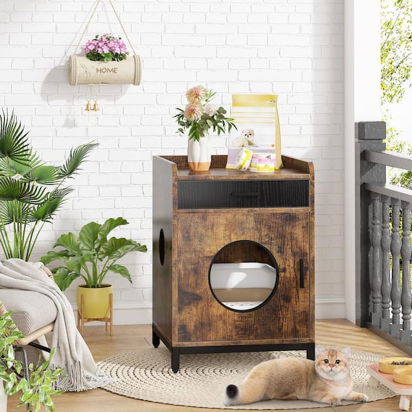 BYBLIGHT Kellum Rustic Brown Litter Box Enclosure, Industrial Cat Cabinet with Shelves and Doors, Wood Pet Crate Hidden Washroom