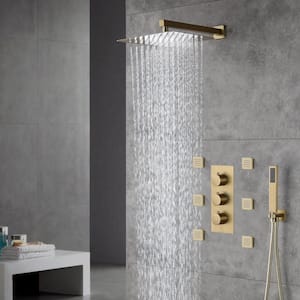 1-Spray Patterns with 2.5 GPM 12 in. Wall Mount Dual Shower Heads with Body Sprays in Brushed Gold