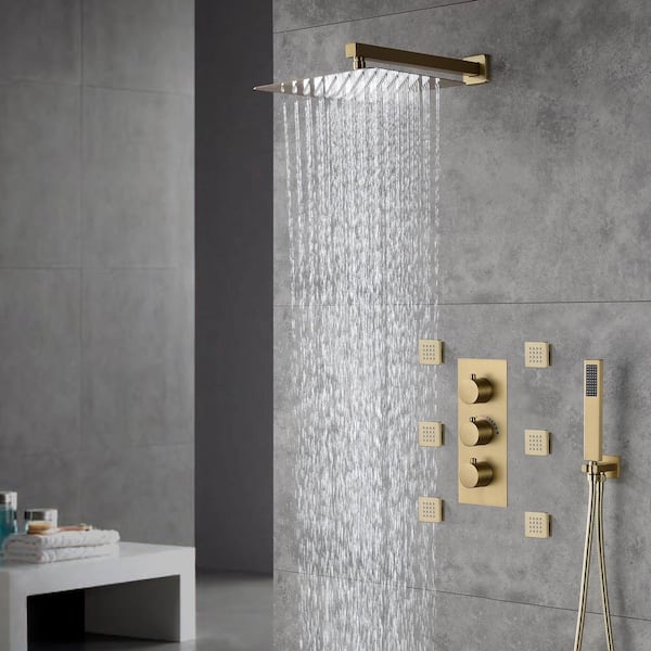 1-Spray Patterns with 2.5 GPM 12 in. Wall Mount Dual Shower Heads with Body Sprays in Brushed Gold