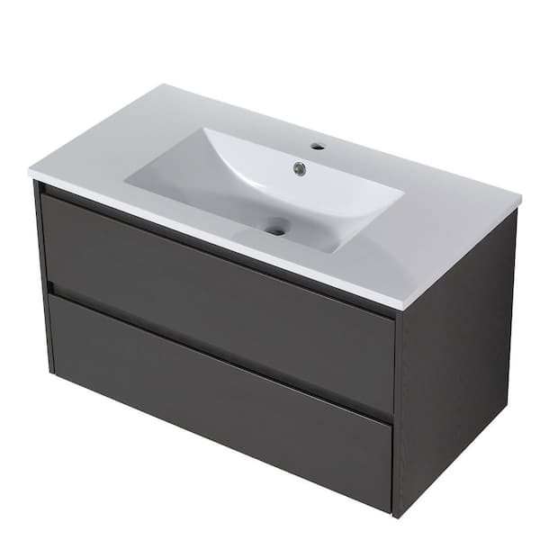 JimsMaison 36 in. W x 18 in. D x 21 in. H Floating Bath Vanity in Grey with White Cultured Marble Top