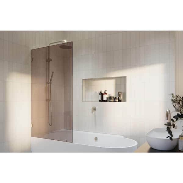 Glass Warehouse Ursa 34 in. W x 58.25 in. H Single Fixed Panel Frameless Bathtub Door in Brushed Nickel with Tinted Tempered Glass