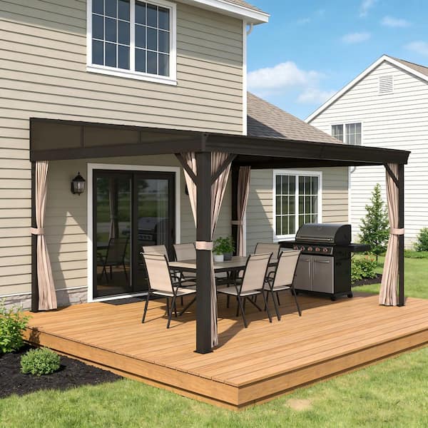 12 ft. x 14 ft. Outdoor Patio Aluminum Frame Lean-To Hardtop Gazebo with Galvanized Steel Roof, Curtains and Netting