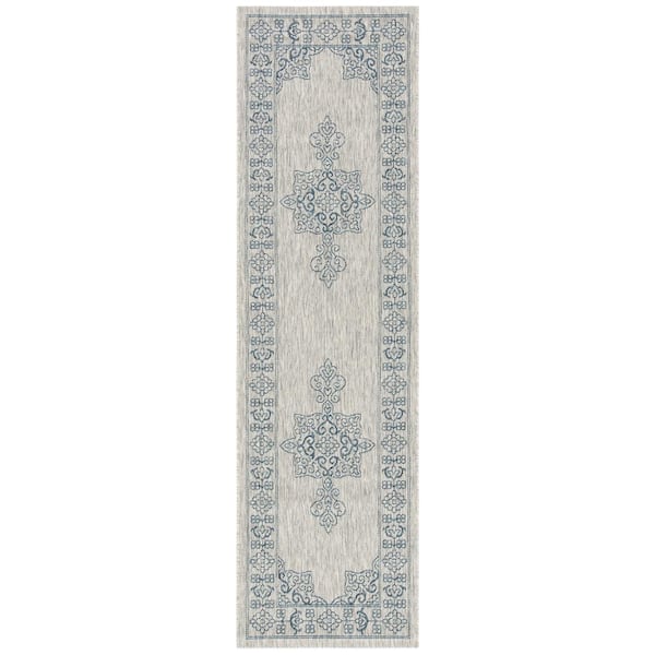 Courtyard Gray/Navy 2 ft. x 12 ft. Border Medallion Indoor/Outdoor Runner Rug