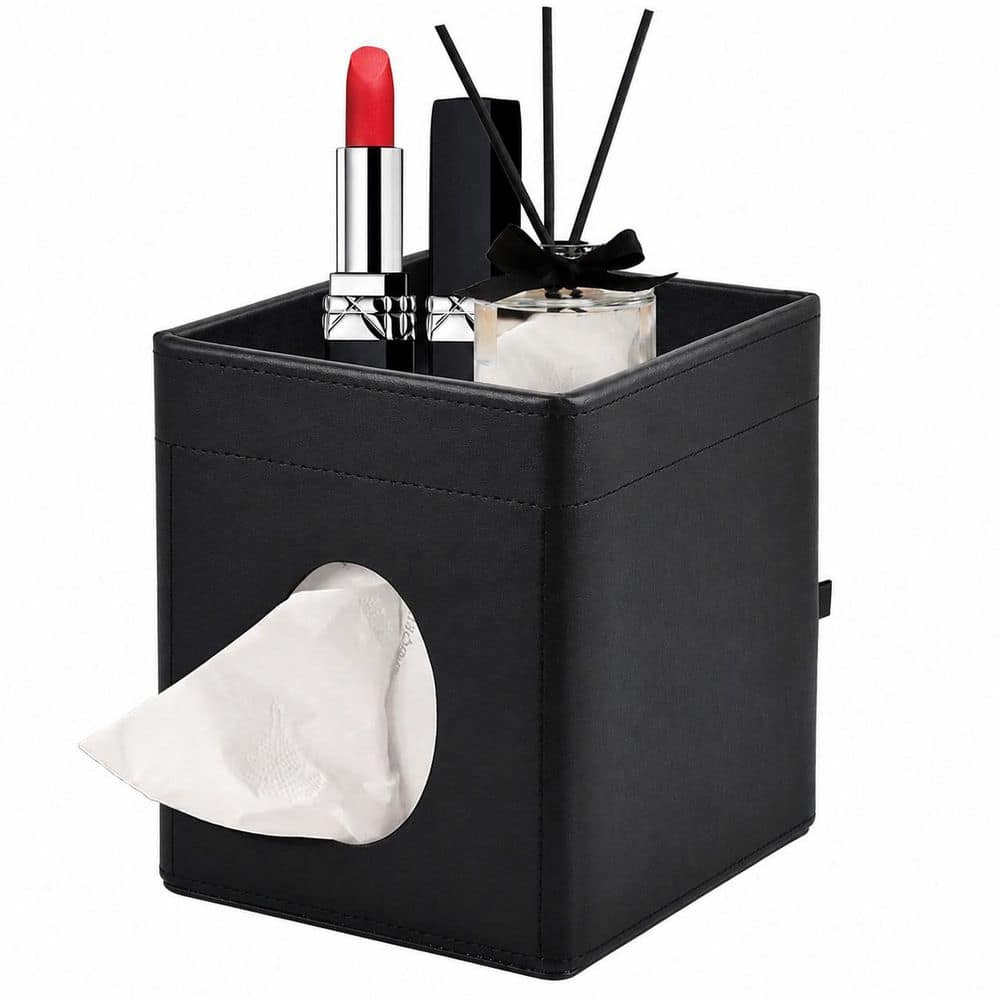 Black PU Leather Square Tissue Box Cover Holder with Storage Tray for Bathroom, Bedroom, Office or Car price history on PriceWatchPro