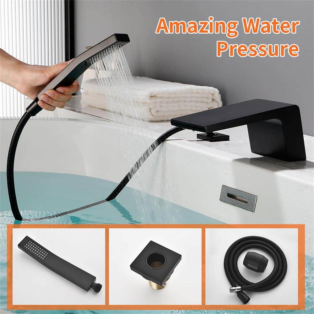 Matte Black Brass Waterfall Tub Faucet with Hand Shower