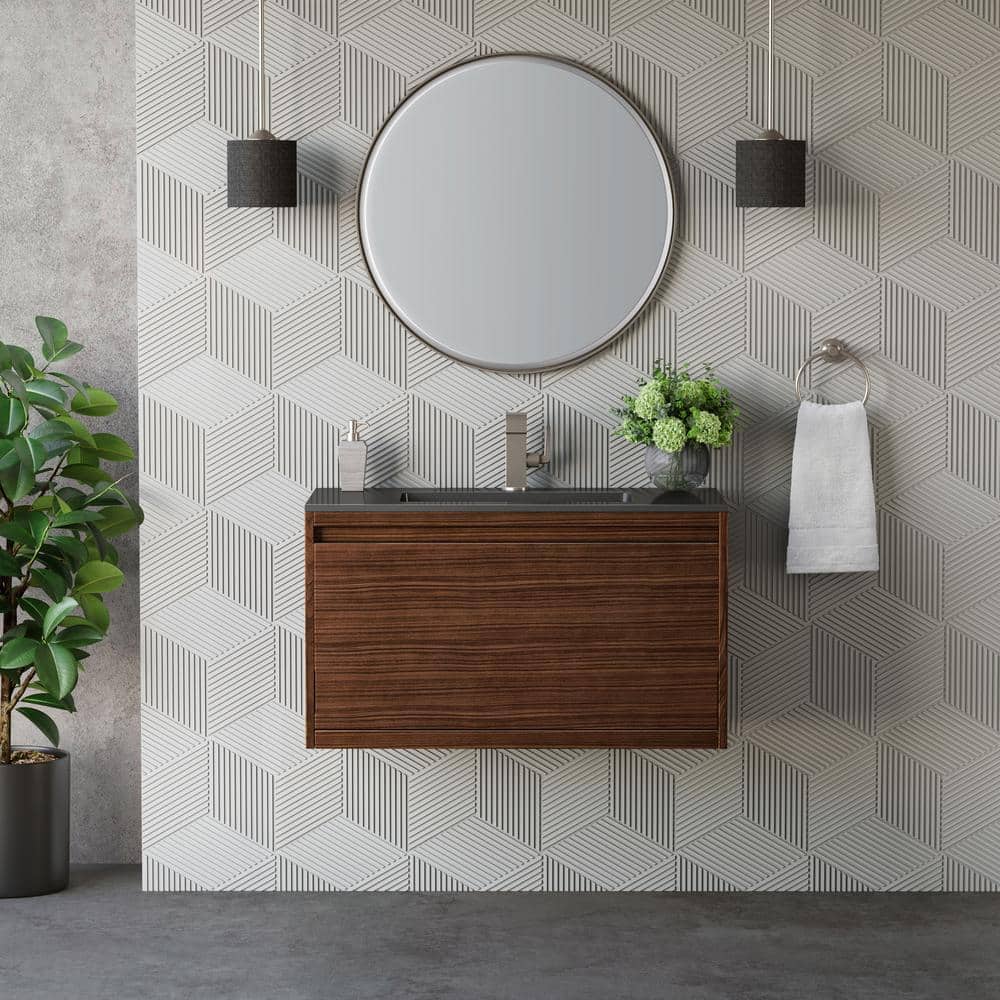 Mantova 35.4" Mid-Century Walnut and Charcoal Black Wall-Mount Vanity