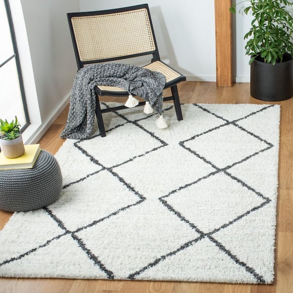 August Shag 5 ft. x 8 ft. Ivory/Black Diamond Geometric Area Rug