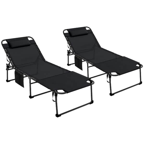 Unbranded Folding Chaise Lounge Outdoor Tanning Chair Outdoor Lounge Chair Outdoor Recliner in Black (Set of 2)