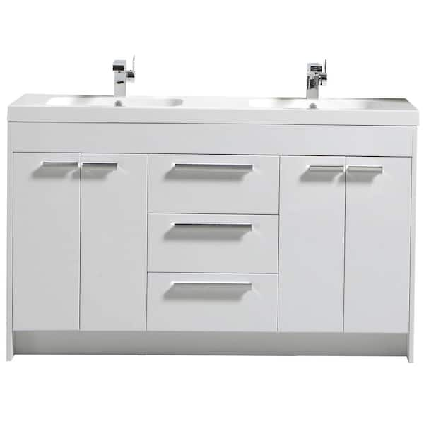 Lugano 60 in. Double Sink White Bath Vanity with White Acrylic Top (Assembled)