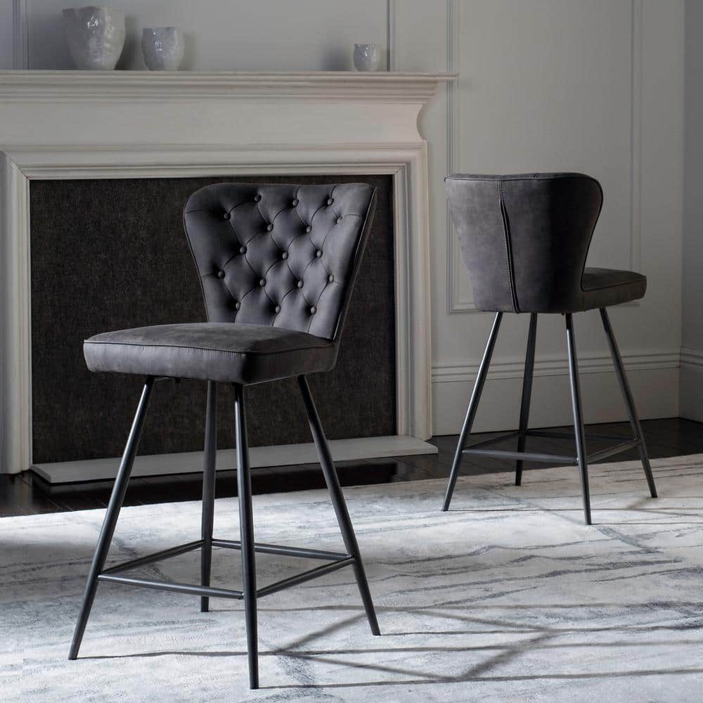 Transitional Grey Leather Swivel Counter Stool, 26"H