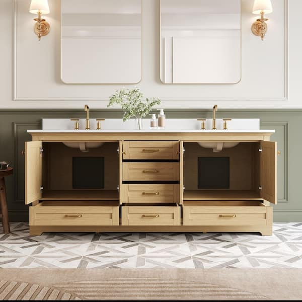 80 in. Solid Wood Double Sink Freestanding Bath Vanity in Oak with White Culutered Marble Top, Assembled
