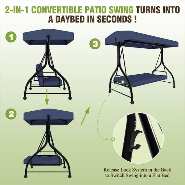 3-Seat Outdoor Metal Porch Swing with UV Resistant Cushions and Adjustable Canopy, Navy Blue